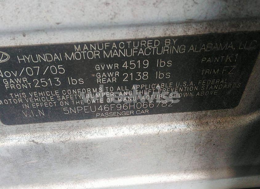 Photo 9 of 2006 Hyundai Sonata GLS V6/LX V6 (VIN 5NPEU46F96H066782)