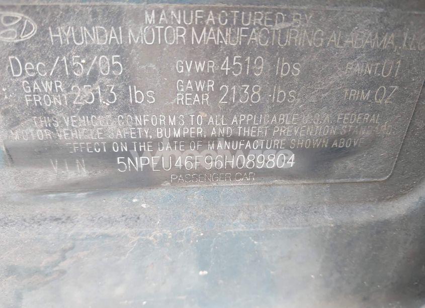Photo 9 of 2006 Hyundai Sonata GLS V6/LX V6 (VIN 5NPEU46F96H089804)