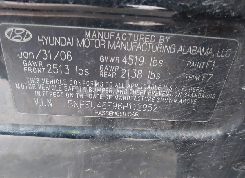 Photo 9 of 2006 Hyundai Sonata GLS V6/LX V6 (VIN 5NPEU46F96H112952)