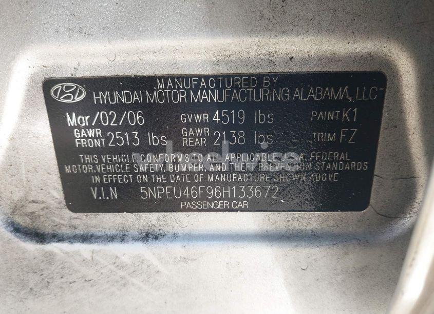 Photo 9 of 2006 Hyundai Sonata GLS V6/LX V6 (VIN 5NPEU46F96H133672)