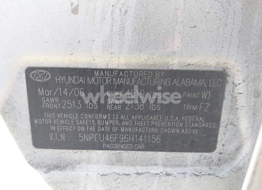Photo 9 of 2006 Hyundai Sonata GLS V6/LX V6 (VIN 5NPEU46F96H141156)