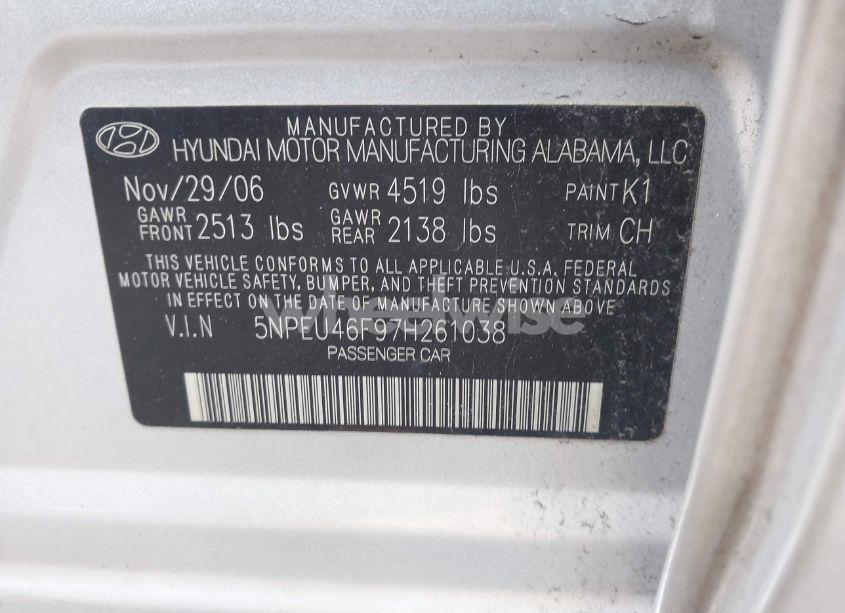 Photo 9 of 2007 Hyundai Sonata LIMITED/SE V6 (VIN 5NPEU46F97H261038)