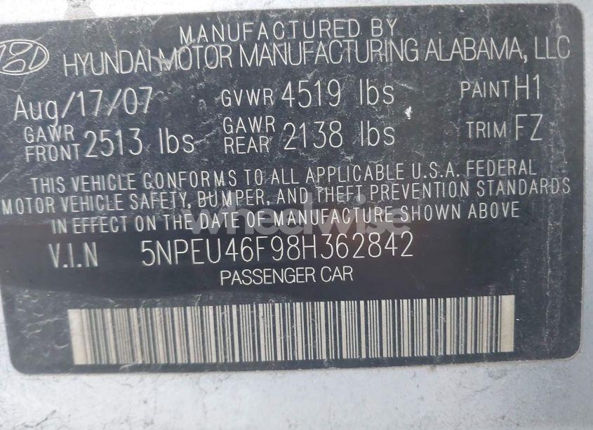Photo 9 of 2008 Hyundai Sonata LIMITED V6/SE V6 (VIN 5NPEU46F98H362842)