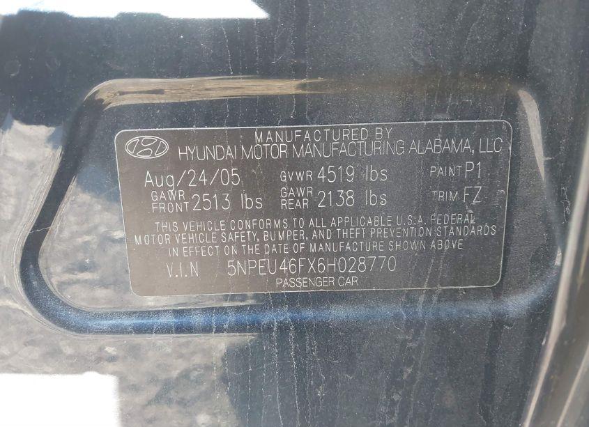 Photo 9 of 2006 Hyundai Sonata GLS V6/LX V6 (VIN 5NPEU46FX6H028770)