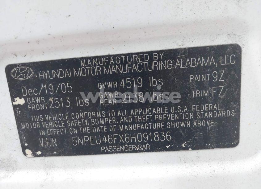 Photo 9 of 2006 Hyundai Sonata GLS V6/LX V6 (VIN 5NPEU46FX6H091836)