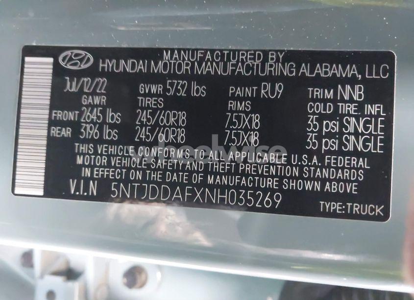 Photo 9 of 2022 Hyundai Santa CRUZ SEL PREMIUM (VIN 5NTJDDAFXNH035269)