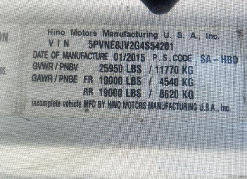 Photo 9 of 2016 Hino 258/268 (VIN 5PVNE8JV2G4S54201)