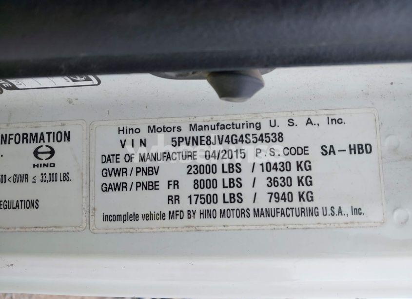 Photo 8 of 2016 Hino 258/268 (VIN 5PVNE8JV4G4S54538)