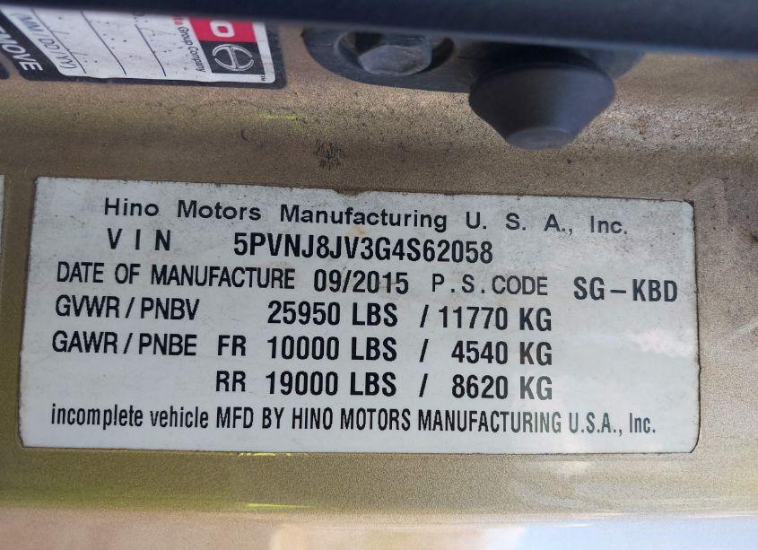 Photo 8 of 2016 Hino 258/268 (VIN 5PVNJ8JV3G4S62058)