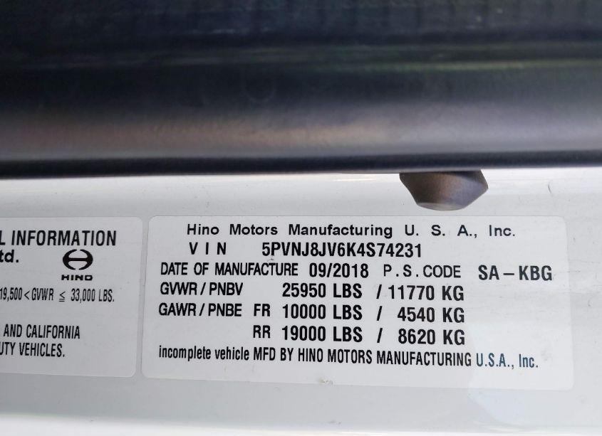 Photo 8 of 2019 Hino 258/268 (VIN 5PVNJ8JV6K4S74231)