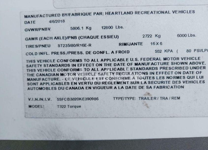 Photo 9 of 2019 Heartland Other (VIN 5SFCB3820KE390986)