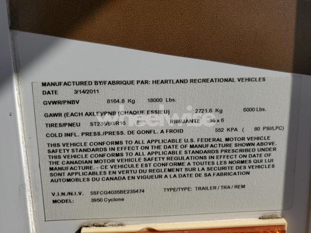 Photo 2 of 2011 HEARTLAND BIG HORN CYCLOE3950 (VIN 5SFCG4035BE235474)