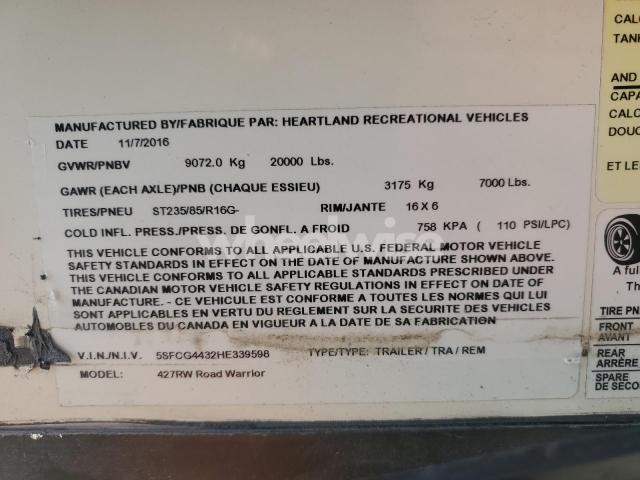 Photo 2 of 2017 HEARTLAND BIG HORN ROADWARRIO (VIN 5SFCG4432HE339598)