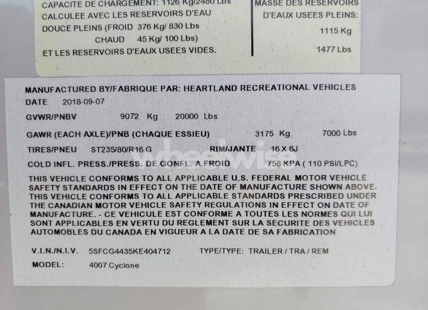 Photo 9 of 2019 Heart Manufacturing HEARTLAND CYCLONE (VIN 5SFCG4435KE404712)