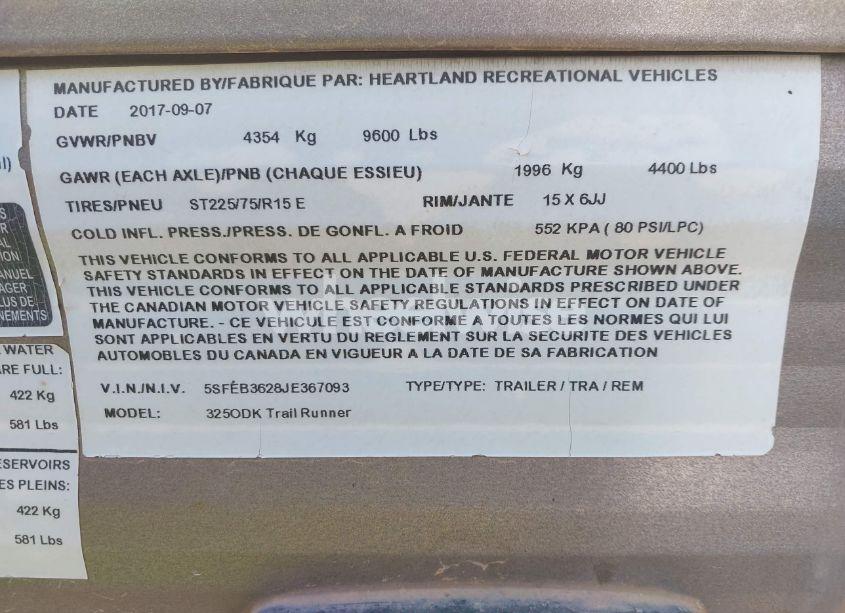 Photo 9 of 2018 Heartland Trailer 325ODK TRAIL RUNNER (VIN 5SFEB3628JE367093)