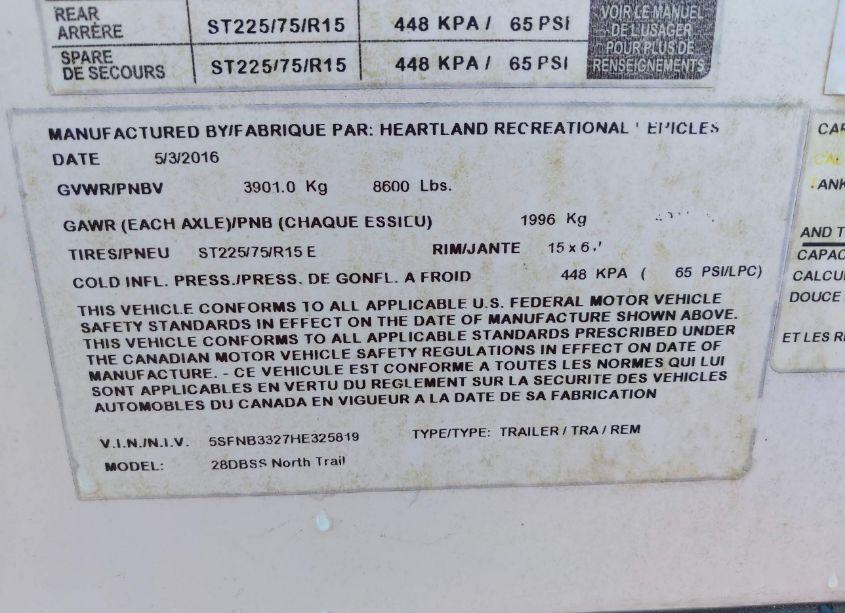 Photo 9 of 2016 Heartland North TRAIL (VIN 5SFNB3327HE325819)