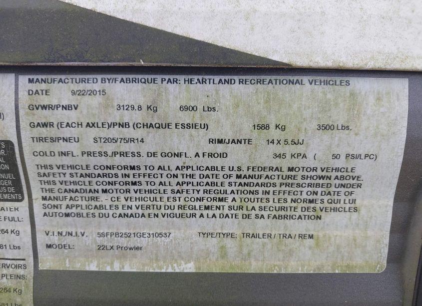 Photo 9 of 2016 Heartland Travel TRAILER (VIN 5SFPB2521GE310537)