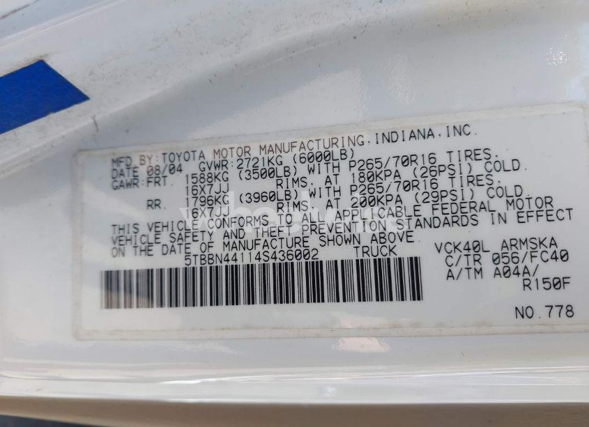 Photo 9 of 2004 Toyota Tundra SR5 (VIN 5TBBN44114S436002)