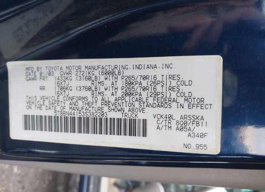 Photo 9 of 2003 Toyota Tundra SR5 (VIN 5TBBN44153S382203)