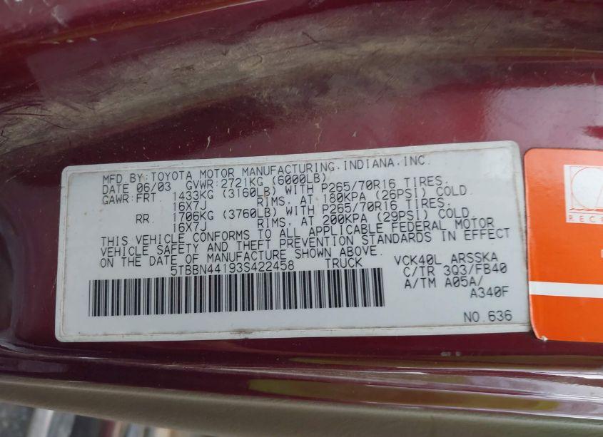 Photo 9 of 2003 Toyota Tundra SR5 (VIN 5TBBN44193S422458)