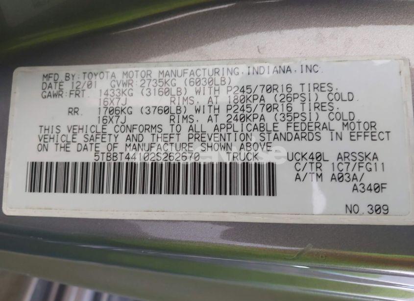 Photo 9 of 2002 Toyota Tundra SR5 V8 (VIN 5TBBT44102S262670)