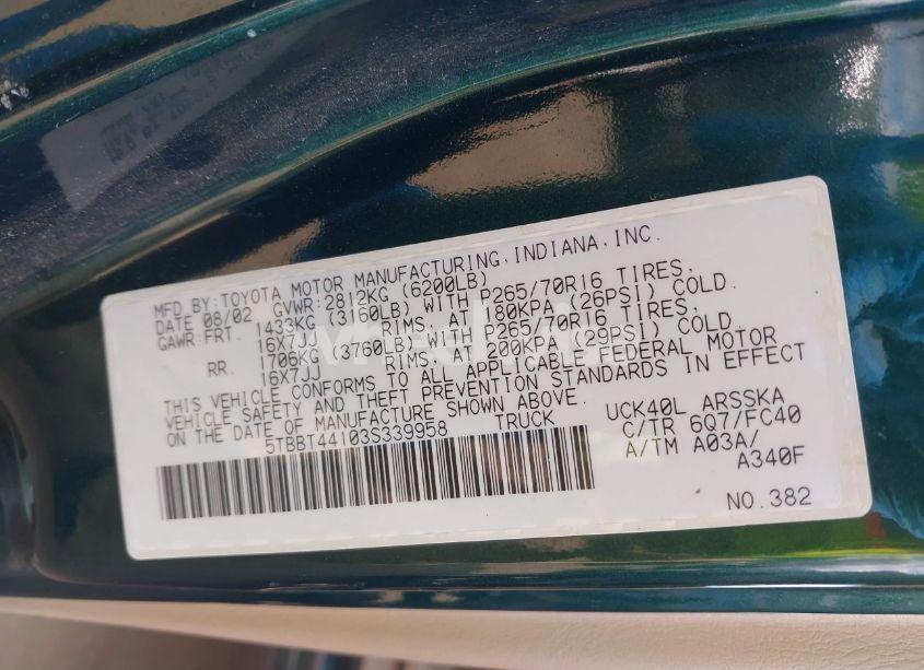 Photo 9 of 2003 Toyota Tundra SR5 V8 (VIN 5TBBT44103S339958)