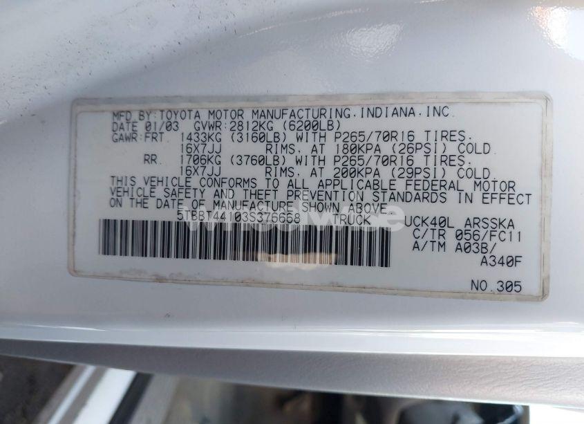 Photo 9 of 2003 Toyota Tundra SR5 V8 (VIN 5TBBT44103S376668)