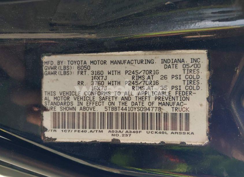 Photo 9 of 2000 Toyota Tundra SR5 V8 (VIN 5TBBT4410YS094778)