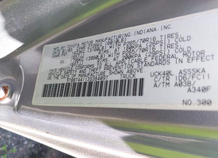 Photo 9 of 2003 Toyota Tundra SR5 V8 (VIN 5TBBT44113S384097)