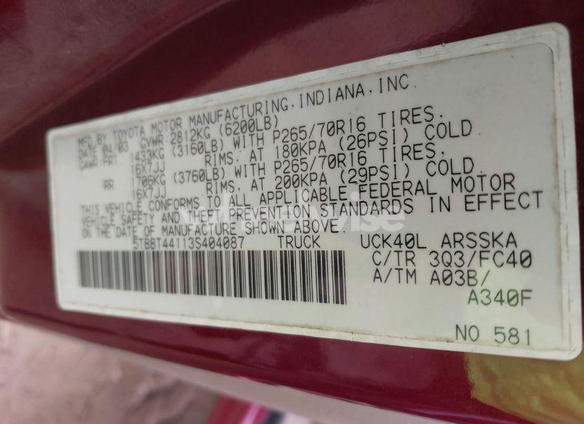 Photo 9 of 2003 Toyota Tundra SR5 V8 (VIN 5TBBT44113S404087)