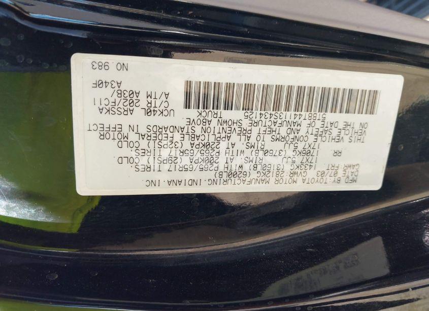 Photo 9 of 2003 Toyota Tundra SR5 V8 (VIN 5TBBT44113S434125)