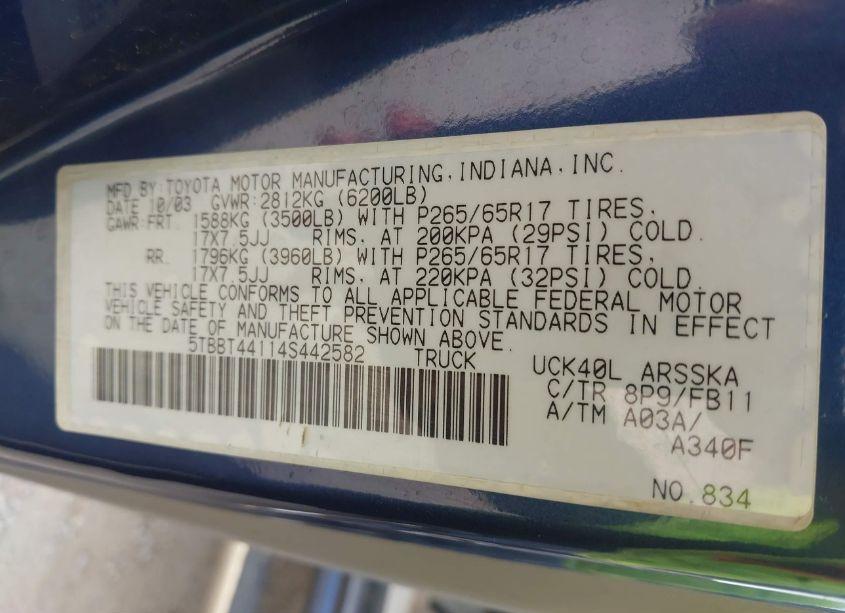 Photo 9 of 2004 Toyota Tundra SR5 V8 (VIN 5TBBT44114S442582)