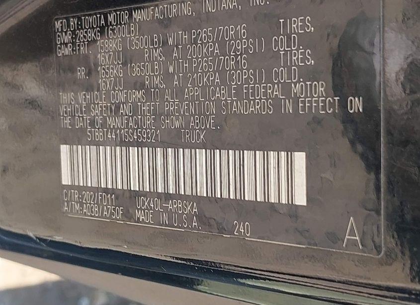 Photo 9 of 2005 Toyota Tundra SR5 V8 (VIN 5TBBT44115S459321)