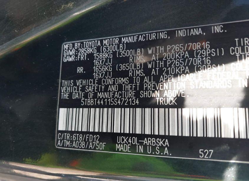 Photo 9 of 2005 Toyota Tundra SR5 V8 (VIN 5TBBT44115S472134)
