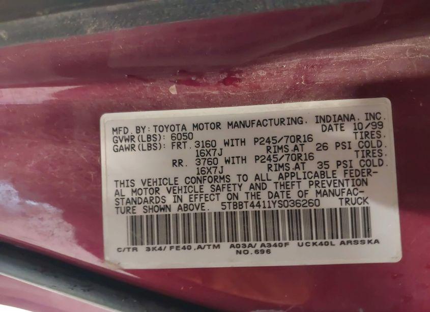 Photo 9 of 2000 Toyota Tundra SR5 V8 (VIN 5TBBT4411YS036260)