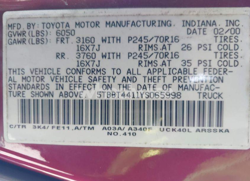Photo 9 of 2000 Toyota Tundra SR5 V8 (VIN 5TBBT4411YS065998)
