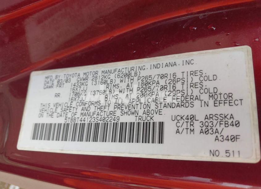 Photo 9 of 2003 Toyota Tundra SR5 V8 (VIN 5TBBT44123S402249)