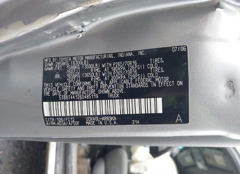 Photo 9 of 2006 Toyota Tundra SR5 V8 (VIN 5TBBT44126S485119)