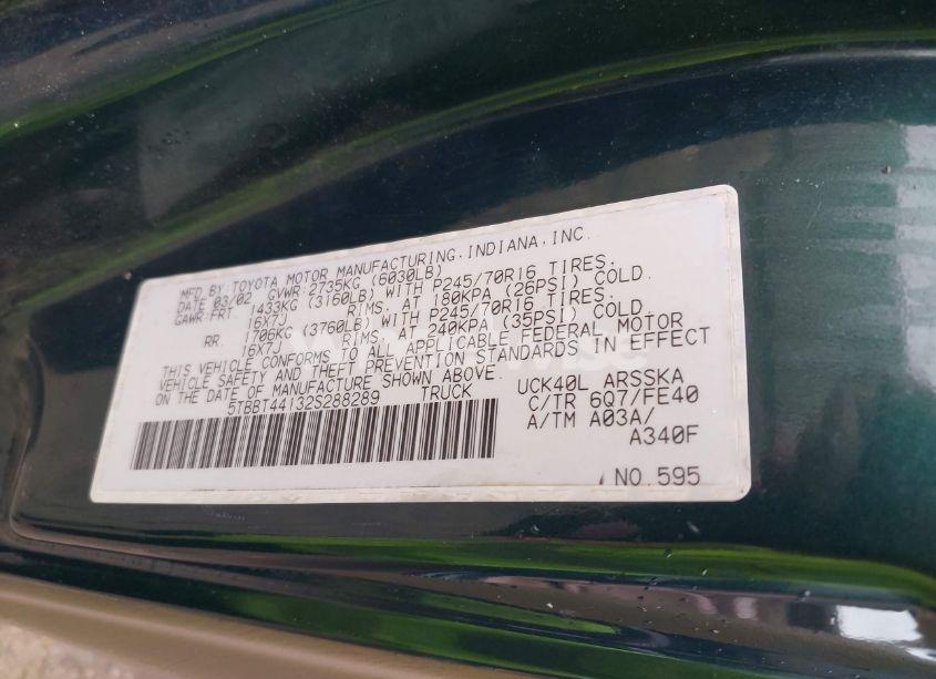 Photo 9 of 2002 Toyota Tundra SR5 V8 (VIN 5TBBT44132S288289)