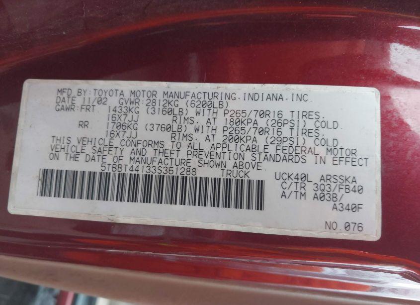Photo 9 of 2003 Toyota Tundra SR5 V8 (VIN 5TBBT44133S361288)