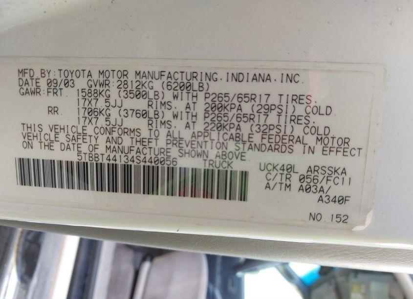 Photo 9 of 2004 Toyota Tundra SR5 V8 (VIN 5TBBT44134S440056)