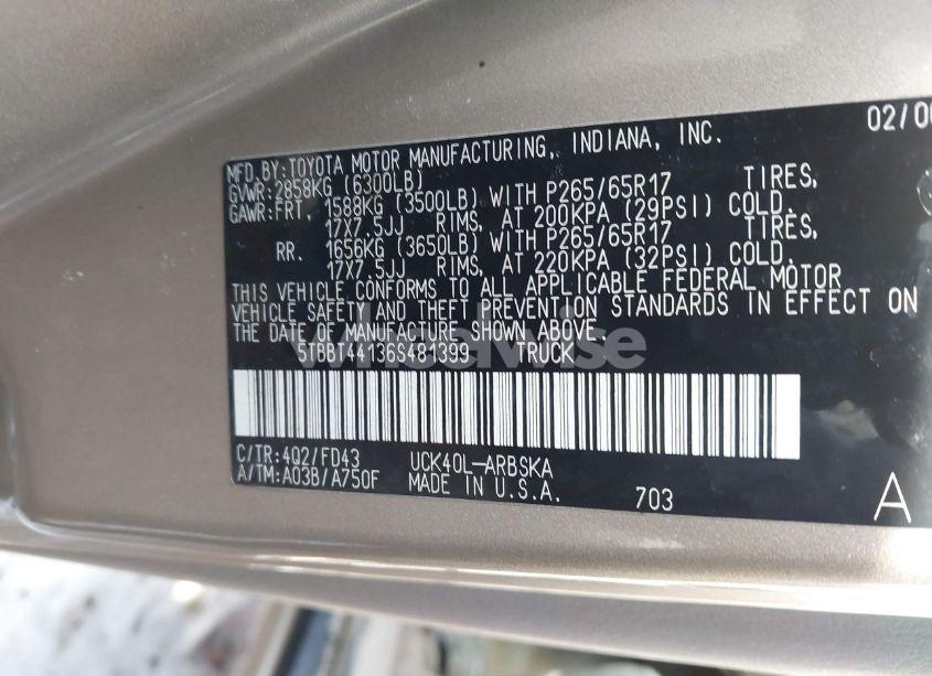 Photo 9 of 2006 Toyota Tundra SR5 V8 (VIN 5TBBT44136S481399)