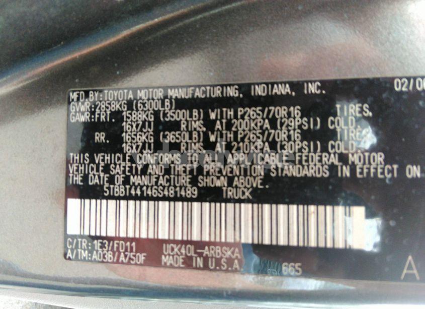 Photo 9 of 2006 Toyota Tundra SR5 V8 (VIN 5TBBT44146S481489)