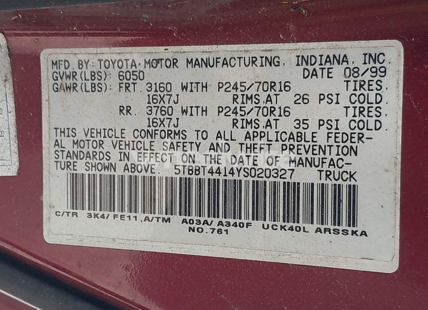 Photo 9 of 2000 Toyota Tundra SR5 V8 (VIN 5TBBT4414YS020327)