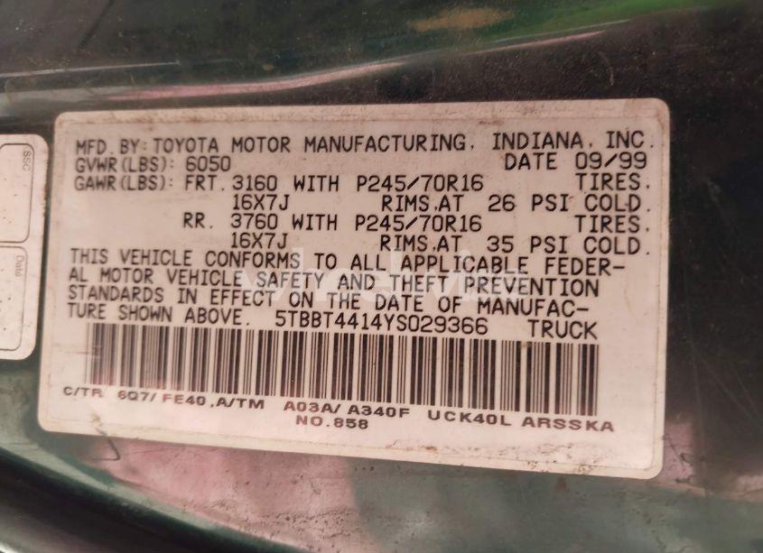 Photo 9 of 2000 Toyota Tundra SR5 V8 (VIN 5TBBT4414YS029366)