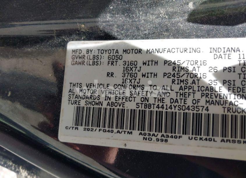 Photo 9 of 2000 Toyota Tundra SR5 V8 (VIN 5TBBT4414YS043574)