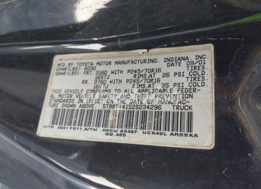 Photo 9 of 2002 Toyota Tundra SR5 (VIN 5TBBT44152S234296)