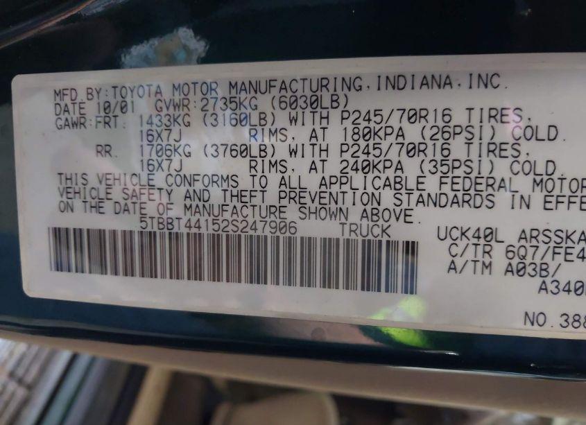 Photo 9 of 2002 Toyota Tundra SR5 V8 (VIN 5TBBT44152S247906)