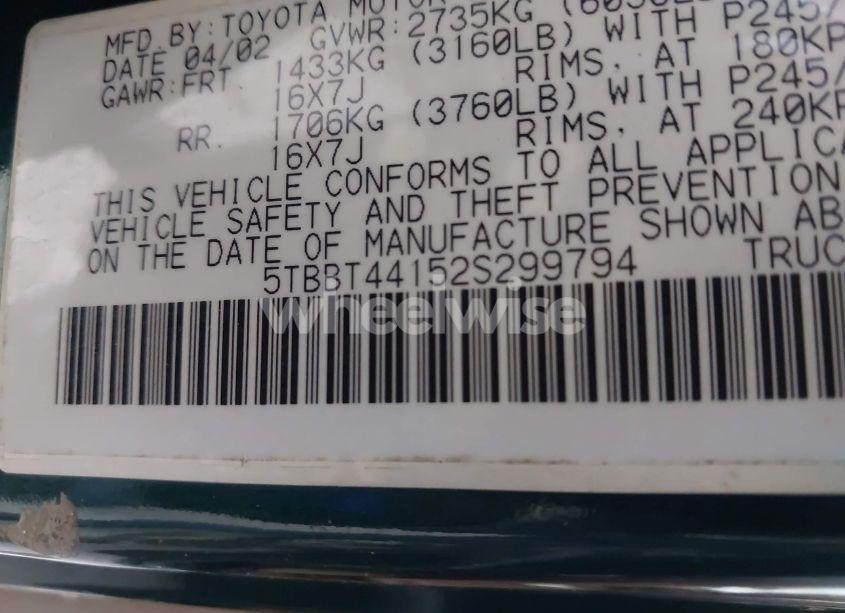 Photo 9 of 2002 Toyota Tundra SR5 V8 (VIN 5TBBT44152S299794)