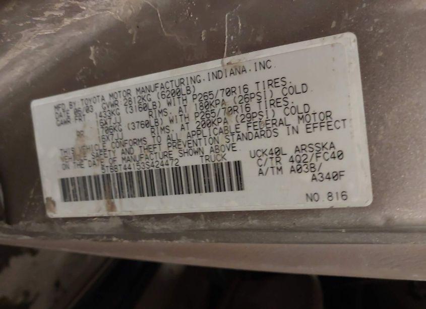 Photo 9 of 2003 Toyota Tundra SR5 V8 (VIN 5TBBT44153S424472)